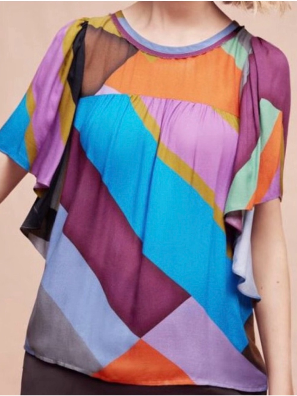 Hiché Anthropologie Colorful Boho Flutter Sleeve Blouse Top - Petite Small